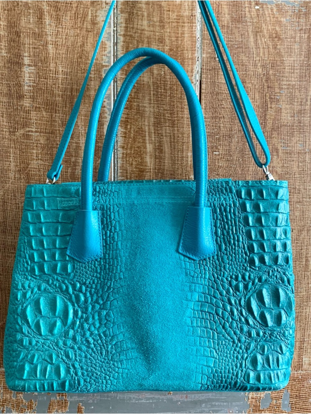 Mila Blu Italian Croc Embossed Leather Satchel Shoulder Bag Turquoise Teal blue - Picture 3 of 14